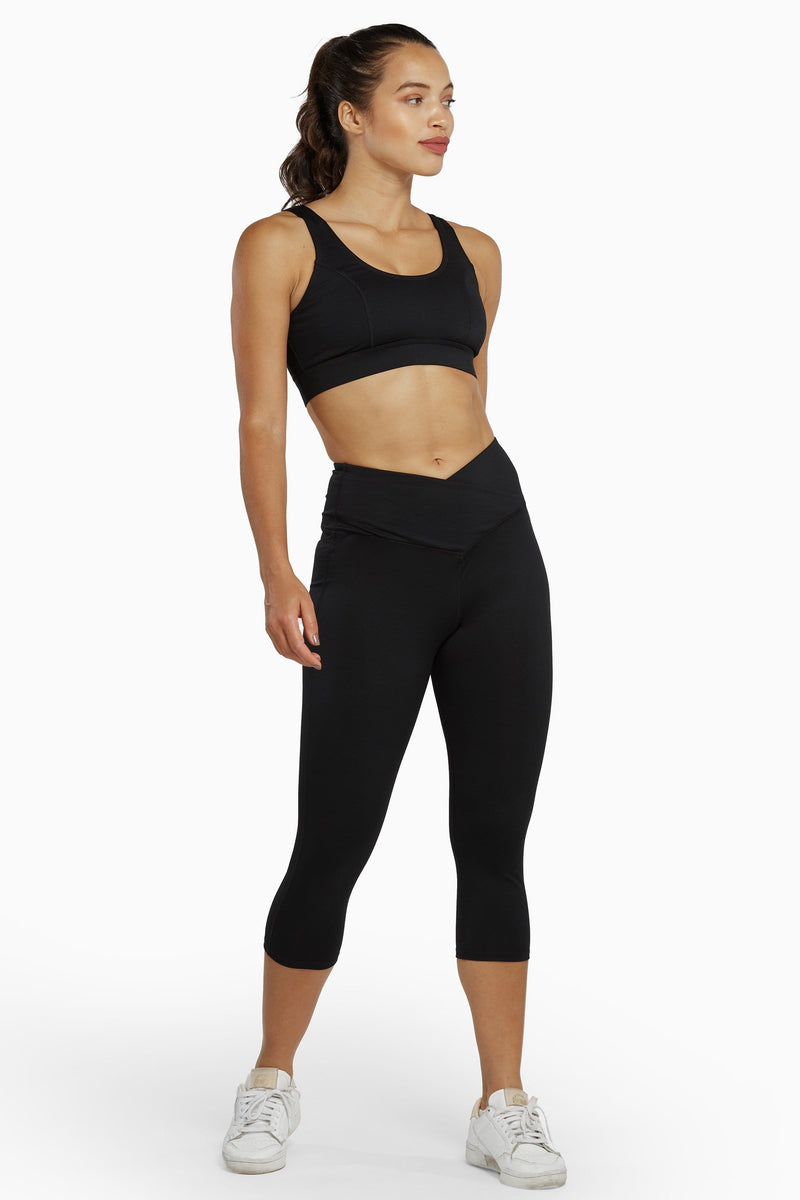 Black Cropped Leggings with Crossover Waistband